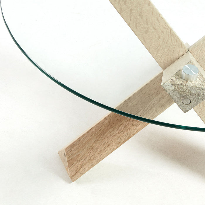 Mesa de centro Lotus Ø 65 cm cristal patas madera maciza de roble