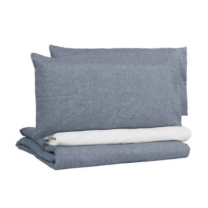 Set Eglant funda nórdica, bajera y funda almohada de algodón GOTS y lino azul 180 x 200 cm