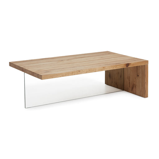 Mesa de centro Tulsi madera maciza de roble y cristal 120 x 70 cm