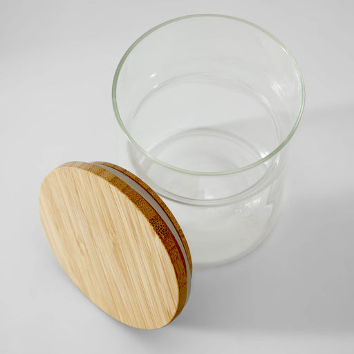 Bote Catia pequeño de vidrio transparente y madera de bambú