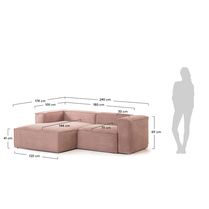 Sofá Blok 2 plazas chaise longue izquierdo pana rosa 240 cm