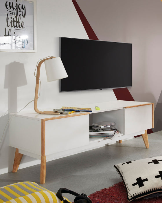 Mueble TV Melan 150 x 45 cm con lacado blanco y madera maciza de caucho