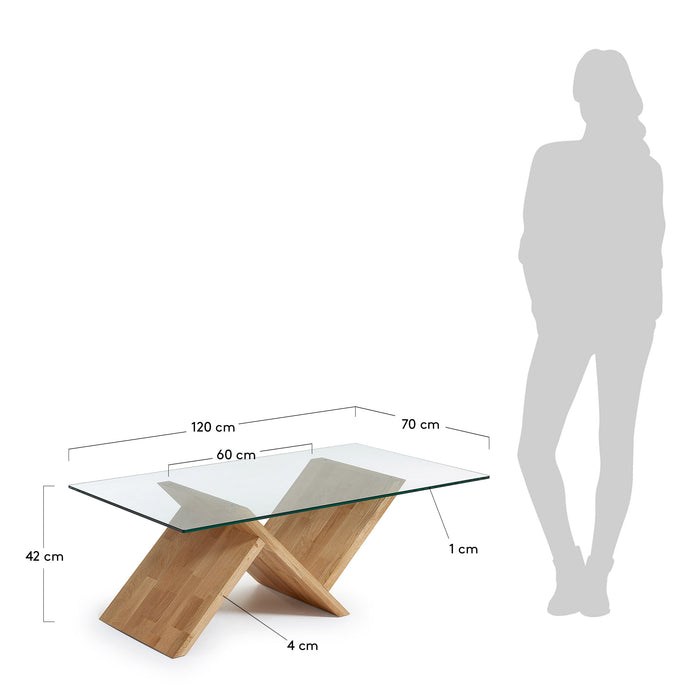 Mesa de centro Waley cristal y estructura de madera maciza de roble 120 x 70 cm