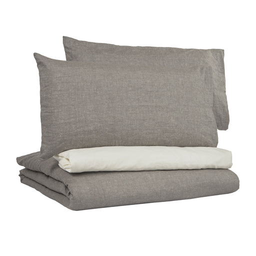 Set Eglant funda nórdica, bajera y funda almohada de algodón GOTS y lino gris 150 x 190 cm