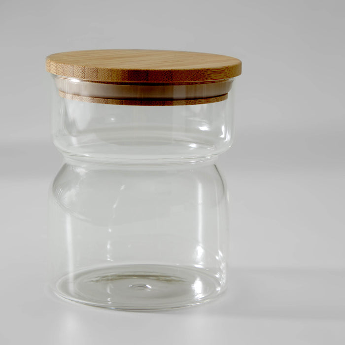 Bote Catia pequeño de vidrio transparente y madera de bambú