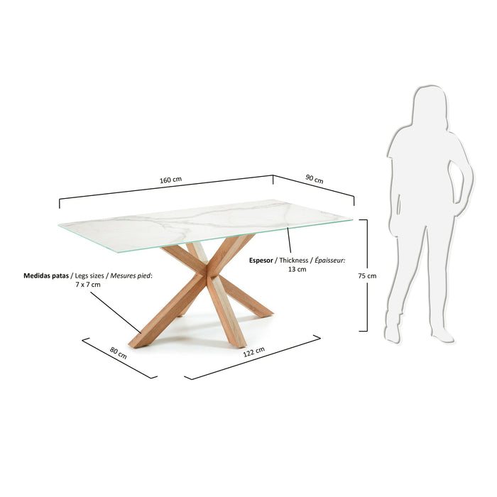 Mesa Argo porcelánico blanco y  patas de acero efecto madera 160 x 90 cm
